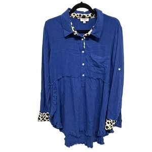 Umgee Anthropologie Blue Button Up Tunic Blouse Size Small Leopard Trim